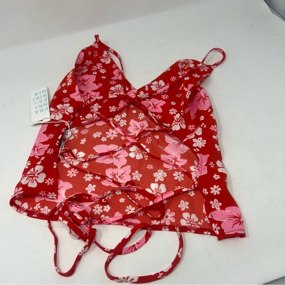 NWT Frankie’s Bikinis Macey Red Floral Satin Halter Strappy Back Tank Top - Picture 6 of 6